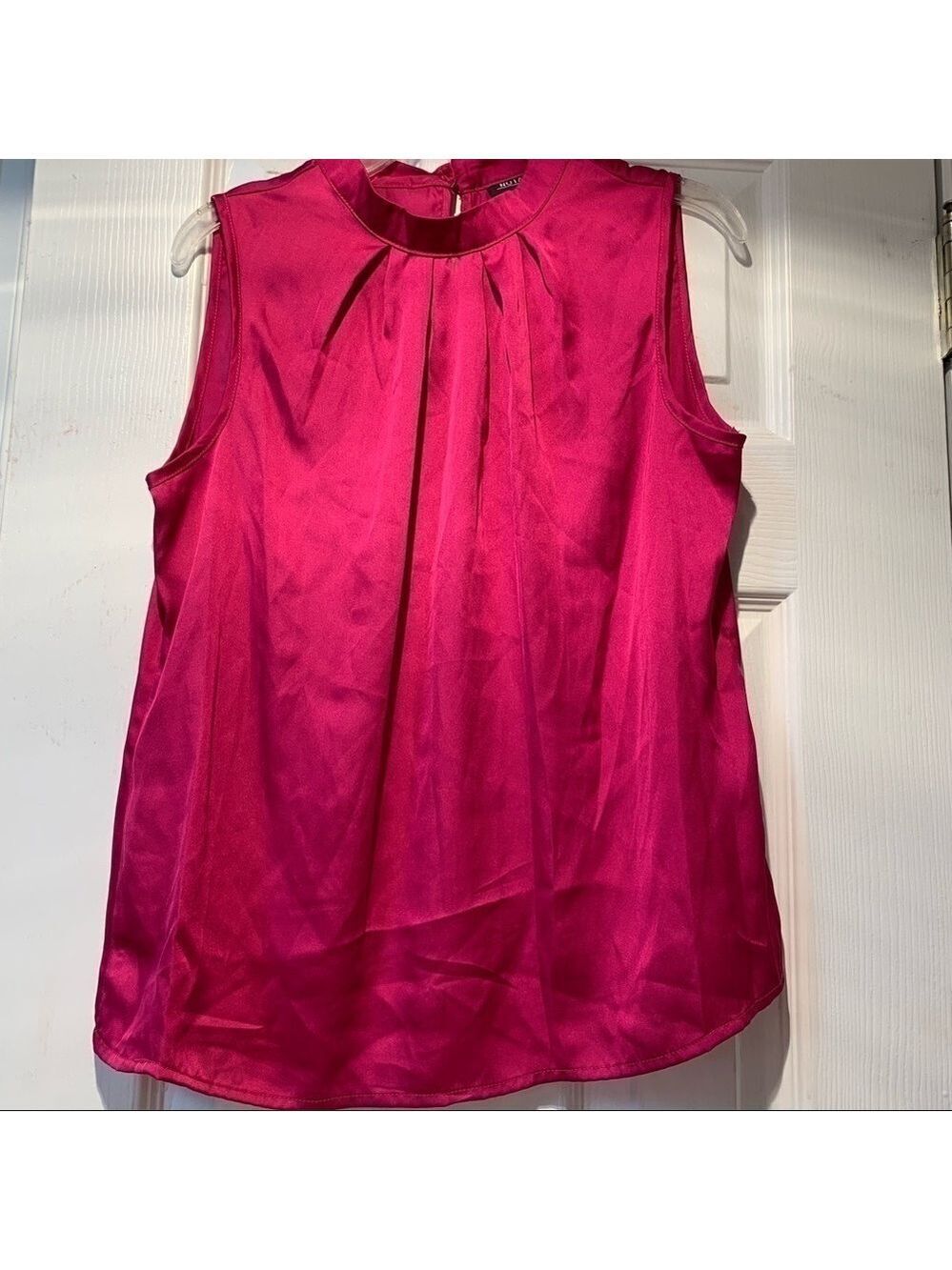 Fuchsia Magenta Round Neck Sleeveless Blouse Bright Pink Satin Pleat